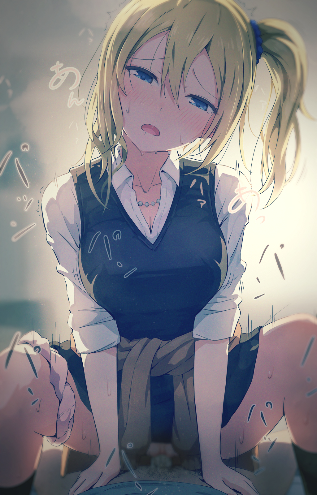 asou (asabu202), hayasaka ai, kaguya-sama wa kokurasetai ~tensai-tachi no  renai zunousen~, highres, 1boy, 1girl, blonde hair, blue eyes, blue  scrunchie, blur censor, blush, breasts, brown cardigan, cardigan, censored,  clothed sex, clothes around