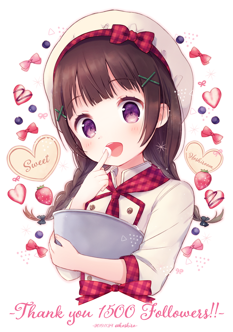 1girl 2019 :d beret blue_bow blueberry blush bow bowl braid brown_hair center-flap_bangs chef dated dot_nose english_text food fruit hair_bow hair_ornament hat holding holding_bowl kon_hoshiro open_mouth original plaid_bow purple_eyes red_bow smile solo strawberry teeth tongue twin_braids twitter_username upper_teeth_only white_hat x_hair_ornament