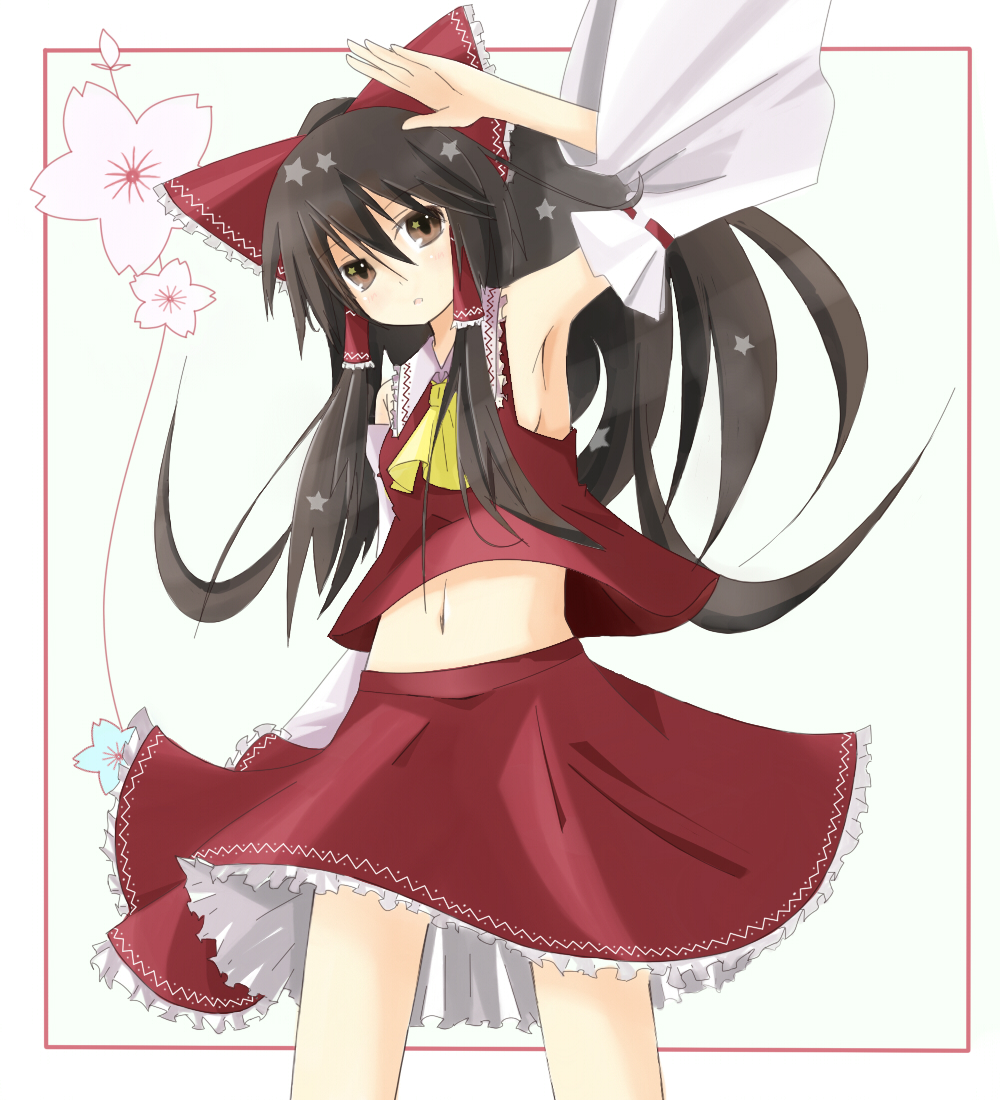 1girl armpits cherry_blossoms cowboy_shot female_focus floral_background flower hakurei_reimu imperishable_night japanese_clothes kitsune_(artist) kitsune_(scaz) miko outside_border ribbon solo touhou