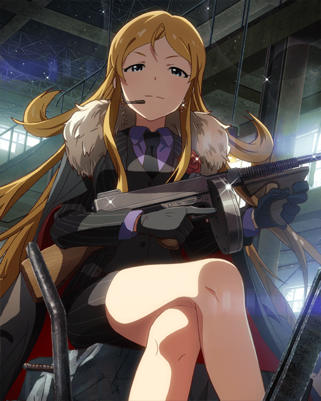 1girl brown_hair card_(medium) crossed_legs earrings fur_trim gloves grey_eyes gun holding holding_gun holding_weapon idolmaster idolmaster_million_live! idolmaster_million_live!_theater_days jewelry microphone necktie official_art purple_shirt shinomiya_karen shirt sitting solo weapon