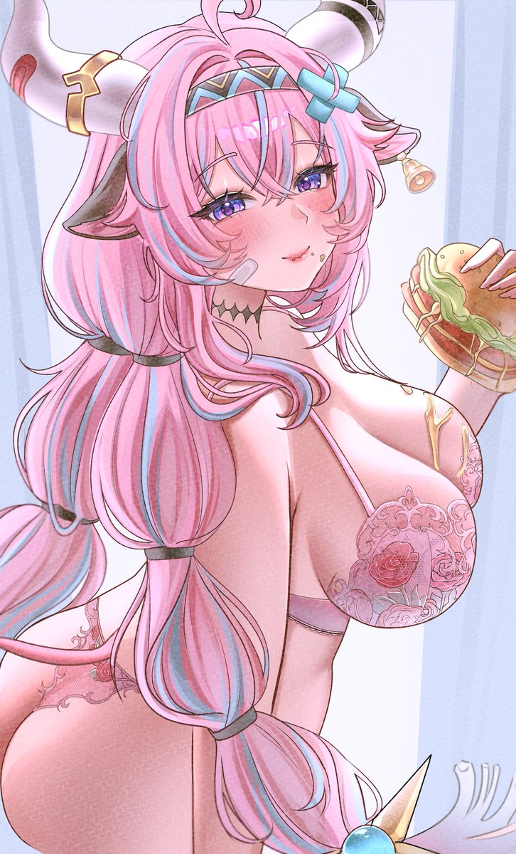 1girl ahoge animal_ears ass blush bra breasts burger closed_mouth cow_ears cow_girl cow_horns food genshin_impact hair_intakes highres holding holding_burger holding_food horns huge_breasts ibbychan long_hair looking_at_viewer panties pink_bra pink_hair pink_panties purple_eyes smile solo underwear varesa_(genshin_impact)