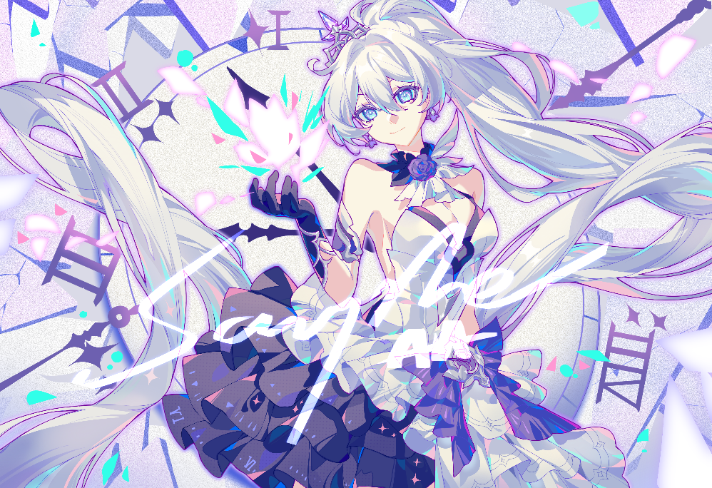 1girl bare_shoulders black_gloves blue_eyes breasts cleavage clock closed_mouth dress gloves grey_tiara honkai_(series) honkai_impact_3rd kiana_kaslana kiana_kaslana_(herrscher_of_flamescion) kiana_kaslana_(time_runner) long_hair medium_breasts official_alternate_costume ponytail sample_watermark shuxue_lianxice smile solo watermark white_dress white_hair