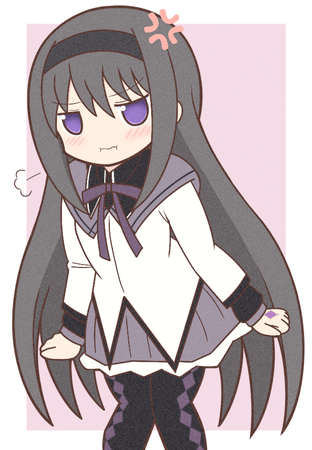 1girl akemi_homura akemi_homura_(magical_girl) anger_vein argyle_clothes argyle_pantyhose black_hair black_hairband black_pantyhose blush closed_mouth hairband long_hair long_sleeves looking_at_viewer mahou_shoujo_madoka_magica mahou_shoujo_madoka_magica_(anime) pantyhose pout pouty_lips purple_eyes solo yuno385