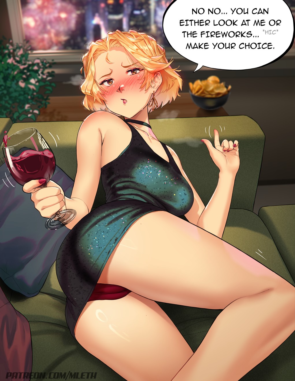 1girl alcohol ass bare_arms bare_legs black_choker black_dress blonde_hair blurry blurry_background blush breasts cameltoe chips_(food) choker cityscape collarbone commentary couch cup dress drinking_glass drunk english_commentary english_text food hands_up highres holding holding_cup indoors lipstick looking_at_viewer lying makeup medium_breasts mleth motion_lines nose_blush on_couch on_side orange_eyes original panties pantyshot parted_lips pillow potato_chips red_nails red_panties short_dress short_hair sidelocks sleeveless sleeveless_dress solo speech_bubble stina_(mleth) thighs underwear wine wine_glass