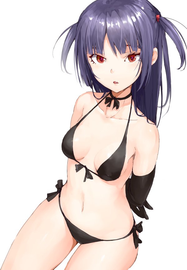 1girl arms_behind_back bare_shoulders bikini black_bikini black_gloves breasts choker collarbone cowboy_shot elbow_gloves fang female_focus gloves halterneck long_hair looking_at_viewer maeda_risou navel parted_lips purple_hair red_eyes ribbon_choker side-tie_bikini_bottom simple_background sitting slit_pupils small_breasts solo swimsuit two_side_up white_background