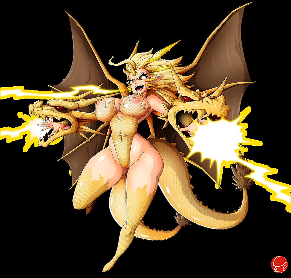 1girl alien blonde_hair breasts cosplay dragon energy genderswap genderswap_(mtf) glowing godzilla_(series) humanization hydra kaiju king_ghidorah large_breasts leotard monster monster_girl puffy_nipples pussy red_eyes revealing_clothes sagging_breasts see-through_clothes tail third-party_edit toho wings witchking00