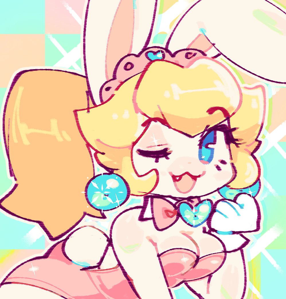 1girl :3 animal_ears ass blonde_hair blue_eyes body_fur breasts cleavage earrings fang furry furry_female jaltoid jewelry large_breasts leotard long_hair looking_at_viewer mario_(series) mario_+_rabbids_kingdom_battle nintendo one_eye_closed open_mouth pink_leotard playboy_bunny ponytail princess_peach rabbid rabbid_peach rabbit_ears rabbit_girl rabbit_tail raving_rabbids smile tail tiara white_fur