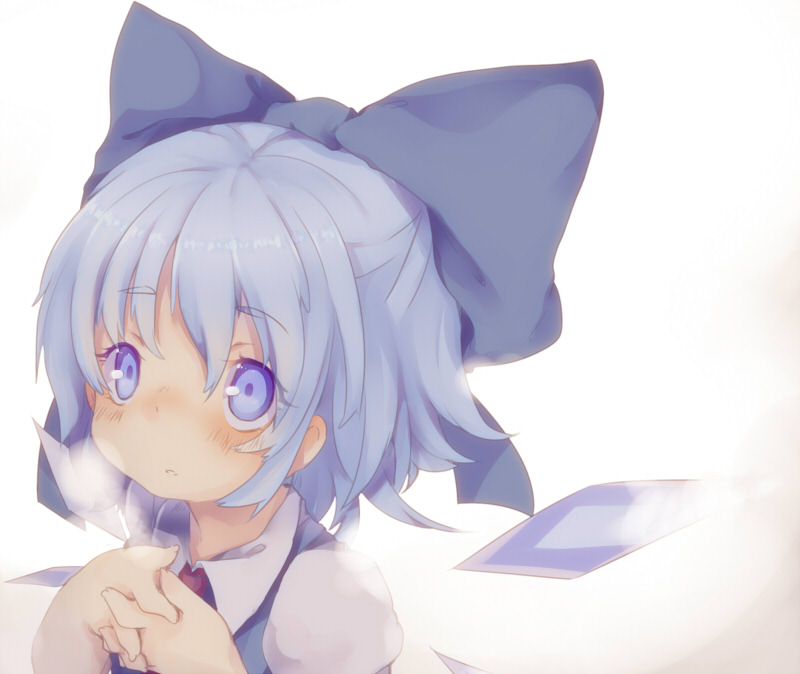 1girl bad_id bad_pixiv_id blue_eyes blue_hair blush bow cirno female_focus hair_bow heavy_breathing masirosu matching_hair/eyes own_hands_clasped own_hands_together parted_lips short_hair simple_background solo touhou wings