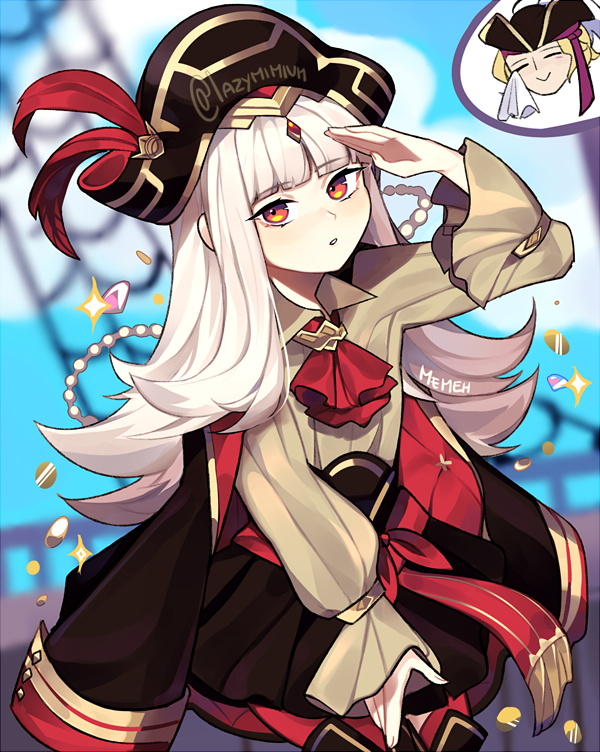 1boy 1girl artist_name blonde_hair closed_eyes closed_mouth fire_emblem fire_emblem_fates fire_emblem_heroes grey_hair hat long_hair long_sleeves memeh nintendo official_alternate_costume parted_lips pirate_costume pirate_hat red_eyes short_hair smile twitter_username veronica_(fire_emblem) xander_(fire_emblem) xander_(pirate)_(fire_emblem)