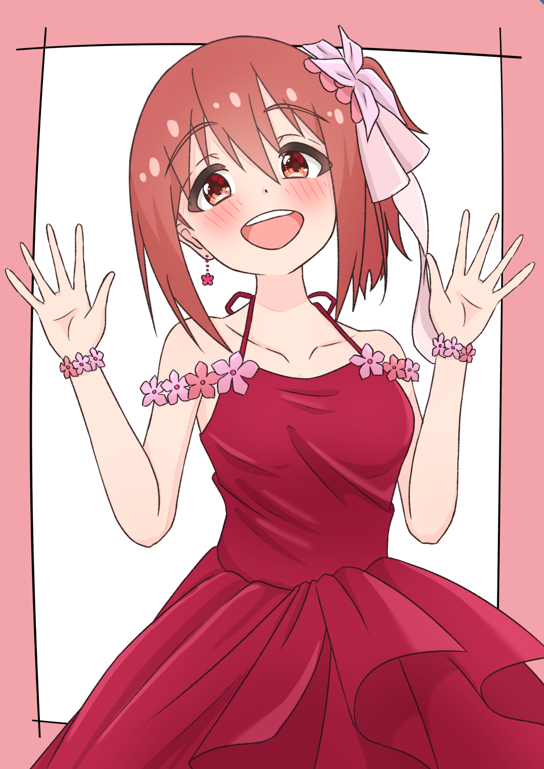 1girl arms_up choda collarbone dress earrings flower highres jewelry looking_at_viewer open_mouth red_eyes red_hair simple_background single_earring smile solo spaghetti_strap wrist_flower yuuki_yuuna yuuki_yuuna_wa_yuusha_de_aru yuusha_de_aru