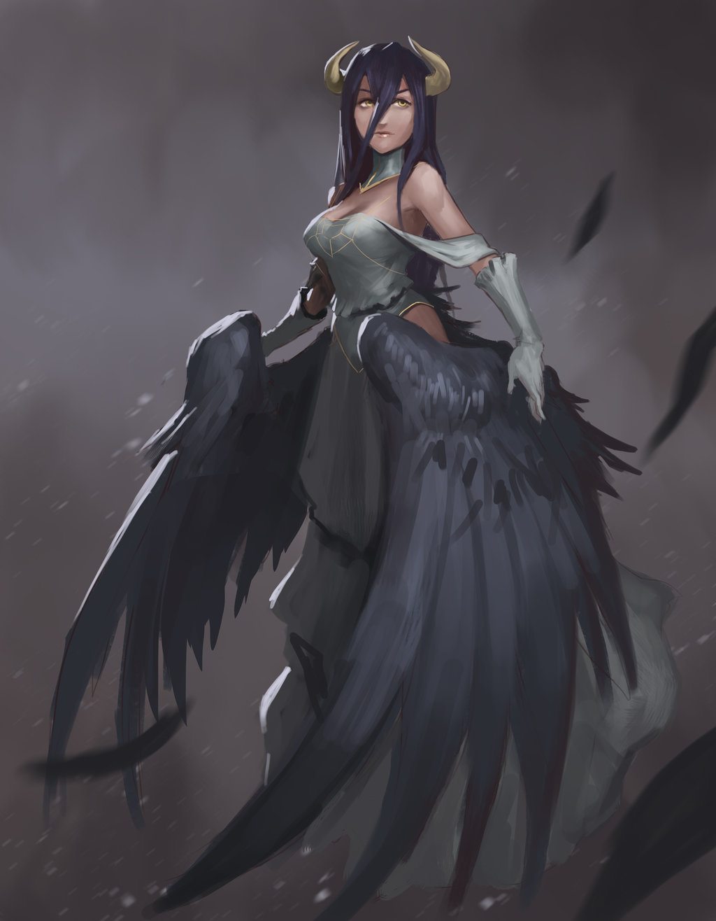 1girl albedo_(overlord) bare_shoulders black_hair breasts cleavage demon_girl demon_horns demon_wings detached_collar dress feathered_wings feathers female_focus full_body gloves hair_between_eyes highres hip_vent horns josh_corpuz long_hair low_wings overlord_(maruyama) solo white_dress white_gloves wings yellow_eyes