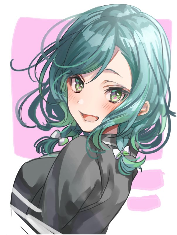 1girl :d akaneya-ya bang_dream! blush bow braid breasts commentary cropped_shoulders from_behind green_eyes green_hair grey_jacket hair_bow hikawa_hina jacket long_sleeves looking_at_viewer medium_breasts open_mouth portrait short_hair side_braid sketch smile solo swept_bangs twin_braids