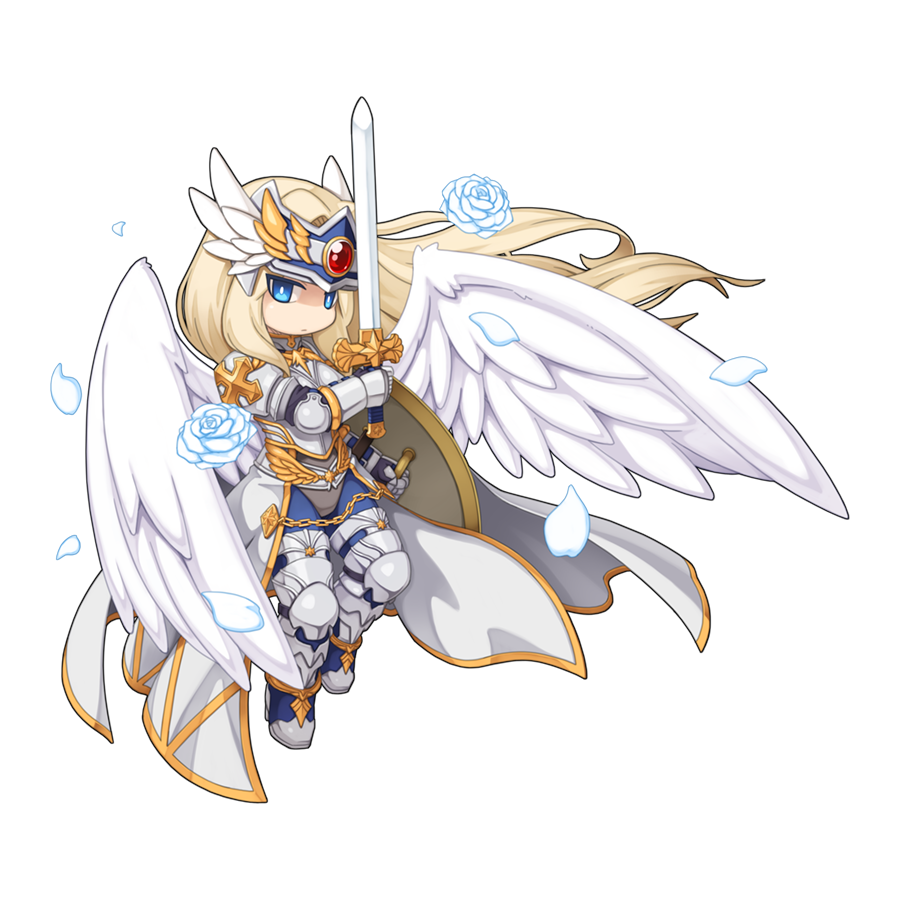 1girl armor armored_boots blonde_hair blue_eyes blue_pants boots cape chain chibi chibi_only closed_mouth cross expressionless feathered_wings flower full_body gauntlets gold_trim grey_cape holding holding_sword holding_weapon long_hair looking_at_viewer official_art pants pauldrons petals poleyn ragnarok_online rose rose_petals shaded_face shoulder_armor simple_background solo sword transparent_background valkyrie valkyrie_reginleif visor_(armor) weapon white_flower white_rose white_wings wings yuichirou