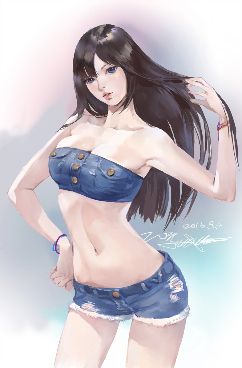 10s 1girl 2016 amatiz armpits bare_shoulders black_hair blue_eyes bracelet breasts cleavage collarbone dated denim denim_shorts female_focus hand_in_own_hair hand_on_own_hip huge_breasts jewelry long_hair looking_at_viewer midriff navel original shorts sleeveless solo standing torn_clothes torn_shorts