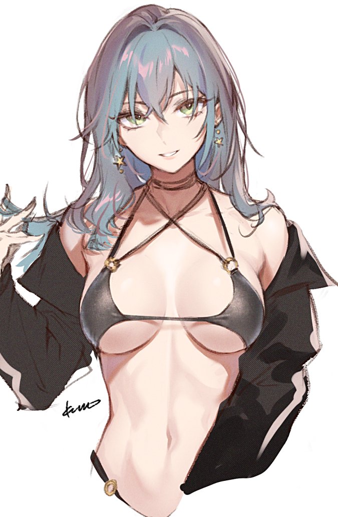 1girl artist_name bare_shoulders blue_hair breasts breasts_apart commentary_request criss-cross_halter crossed_bangs earrings green_eyes hair_between_eyes halterneck hand_up jewelry kumo_sheep large_breasts long_hair navel o-ring o-ring_top off_shoulder open_mouth original shadow simple_background solo star_(symbol) star_earrings teeth upper_body v-shaped_eyebrows white_background