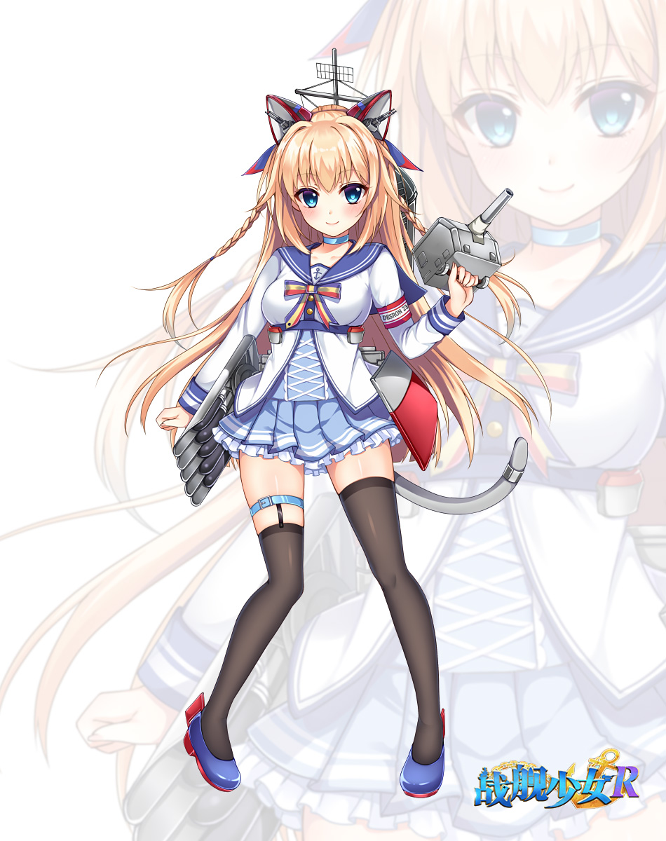 1girl animal_ears armband asymmetrical_legwear black_thighhighs blonde_hair blue_eyes blue_footwear blue_sailor_collar blue_skirt blush bow braid breasts cannon cat_ears cat_tail choker closed_mouth copyright_name dyson_(warship_girls_r) fake_animal_ears frilled_skirt frills full_body garter_straps hasu_(velicia) highres holding long_hair long_sleeves looking_at_viewer machinery medium_breasts miniskirt official_art pleated_skirt rigging sailor_collar ship_turret shirt shoes side_braids simple_background skindentation skirt smile solo standing tail thigh_strap thighhighs torpedo_launcher uneven_legwear very_long_hair warship_girls_r white_background white_shirt zettai_ryouiki