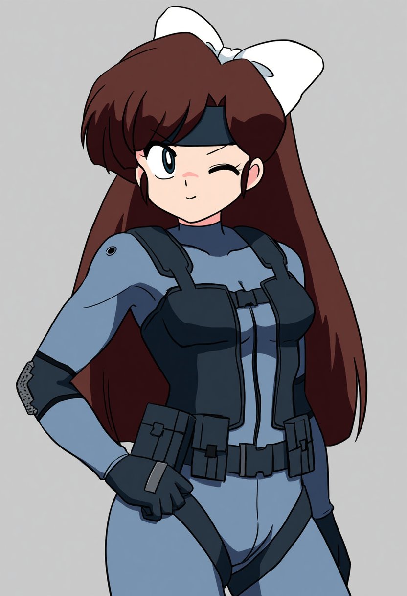 1girl bodysuit breasts brown_hair cosplay gloves green_eyes hair_ribbon headband highres konami legs long_hair looking_at_viewer medium_breasts metal_gear_(series) one_eye_closed ranma_1/2 ribbon smile solid_snake solo thighs wink