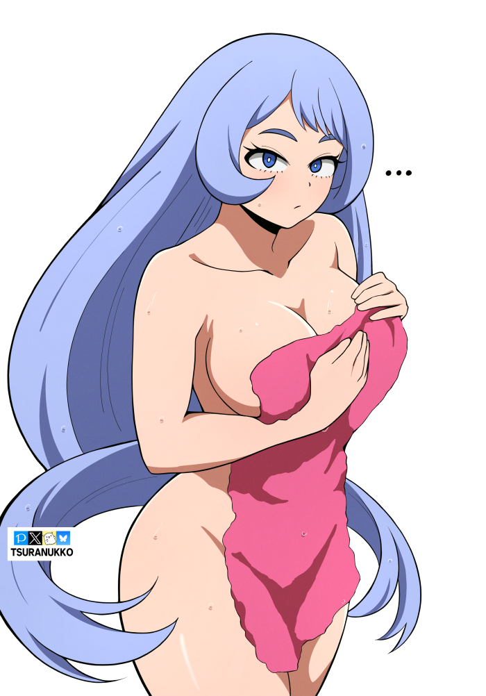 1girl after_bathing artist_name blue_eyes blue_hair bluesky_logo boku_no_hero_academia breasts fanbox_logo hado_nejire large_breasts long_hair looking_at_viewer naked_towel pixiv_logo simple_background solo towel tsuranukko twitter_x_logo wet white_background