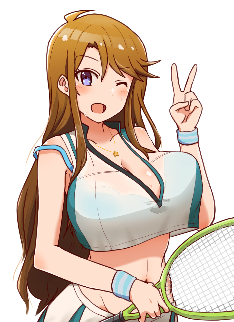 1girl ahoge blue_eyes breasts brown_hair cleavage collarbone dot_nose eyelashes forehead groin highres idolmaster idolmaster_million_live! idolmaster_million_live!_theater_days jewelry large_breasts long_hair looking_at_viewer midriff navel necklace off_shoulder one_eye_closed open_mouth racket see-through_clothes see-through_shirt shirt sidelocks simple_background skirt sleeveless sleeveless_shirt smile solo sportswear star_(symbol) star_necklace sweat swept_bangs tennis_racket tennis_uniform todokamen tokoro_megumi upper_body v wavy_hair white_background white_skirt wristband