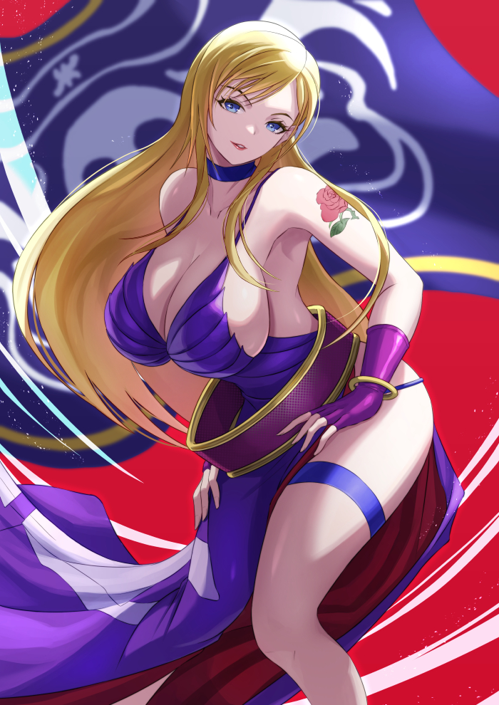 1girl arm_tattoo backless_dress backless_outfit belt blonde_hair blue_eyes bracelet breasts choker cleavage collarbone dress fatal_fury fatal_fury:_city_of_the_wolves fingerless_gloves garou:_mark_of_the_wolves gloves jenet_behrn jewelry large_breasts lipstick long_hair looking_at_viewer makeup purple_dress side_slit sideboob snk solo tattoo the_king_of_fighters thigh_strap