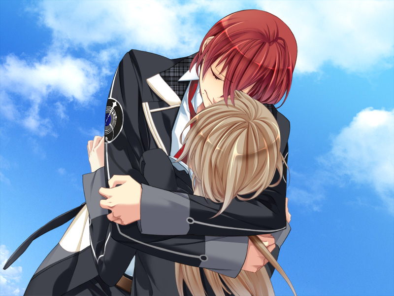 1boy 1girl brown_hair closed_eyes from_behind game_cg hetero hug long_hair long_sleeves outdoors red_hair sky sleeve_cuffs starry_sky_(game) tomoe_you very_long_hair yahisa_tsukiko