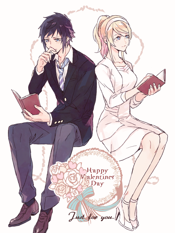 10s 1boy 1girl black_hair blonde_hair blue_eyes book dress ebira final_fantasy final_fantasy_xv hetero high_heels jacket lunafreya_nox_fleuret necktie noctis_lucis_caelum ponytail school_uniform sidelocks valentine white_dress white_jacket