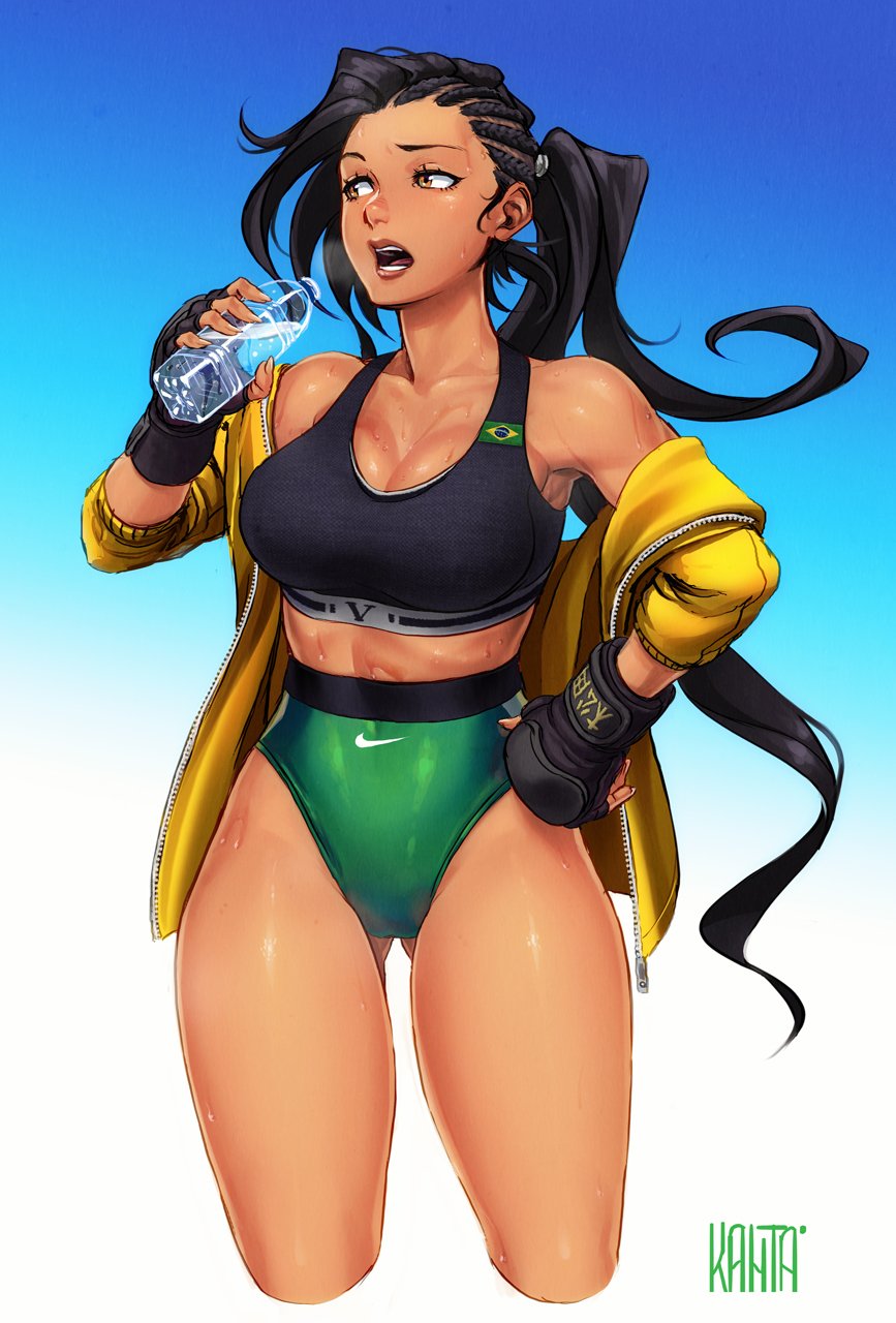 1girl alternate_costume alternate_hairstyle asymmetrical_hair black_hair bottle brazilian_flag breasts brown_eyes cleavage commentary cornrows cropped_legs curvy dark-skinned_female dark_skin female_focus fingerless_gloves gloves gluteal_fold hand_on_own_hip highres jacket kanta-kun large_breasts laura_matsuda lips long_hair looking_to_the_side midriff nike_(company) nose official_art open_clothes open_jacket open_mouth ponytail short_shorts shorts solo sports_bra standing street_fighter street_fighter_v sweat thighs water_bottle