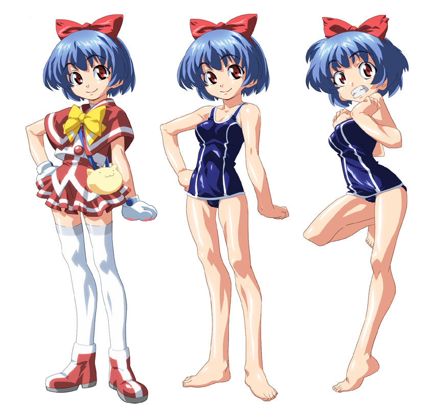 blue_hair erogos mahotama may_(mahotama) red_eyes red_ribbon ribbon swimsuit