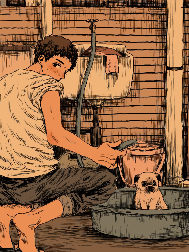 1boy a3dyqtlpqjcuqvs animal barefoot basin black_eyes brown_hair brown_shirt bucket dog flip-flops full_body grey_pants hose indoors looking_at_viewer looking_back male_focus original pants pug sandals shirt short_hair short_sleeves sink sleeves_pushed_up solo squatting