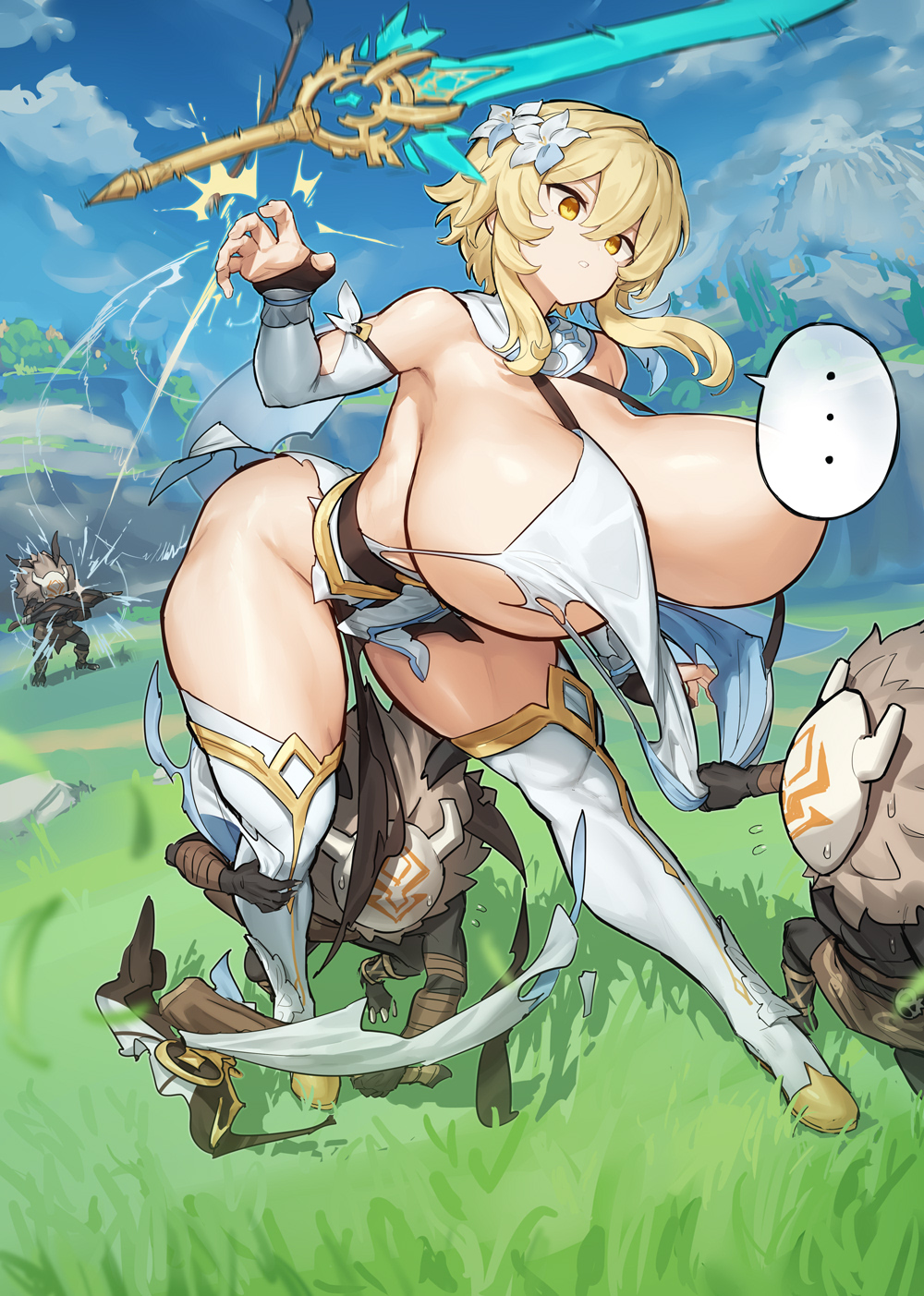 ... 1girl alternate_breast_size arrow_(projectile) assisted_exposure blonde_hair boots bow_(weapon) breasts cloud crossbow detached_sleeves dress flower flying_sweatdrops genshin_impact gigantic_breasts hair_flower hair_ornament highres hilichurl_(genshin_impact) holding holding_crossbow holding_weapon lumine_(genshin_impact) melon22 mountain short_hair skyward_blade_(genshin_impact) speech_bubble speech_bubble_censor spoken_ellipsis sword tearing_clothes thigh_boots torn_clothes torn_dress weapon yellow_eyes