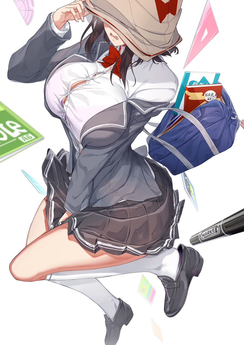 1girl bag between_legs black_footwear blue_bag book bow bra bra_visible_through_clothes breasts brown_hair brown_skirt button_gap commentary_request cover_image hand_between_legs hand_on_headwear highres huge_breasts kamiyama-san_no_kamibukuro_no_naka_niha kamiyama_samidare loafers lower_teeth_only marker medium_hair neropaso off_shoulder open_bag open_mouth paper_bag pink_bra protractor red_bow school_bag shoes skirt socks solo teeth underwear white_background white_socks