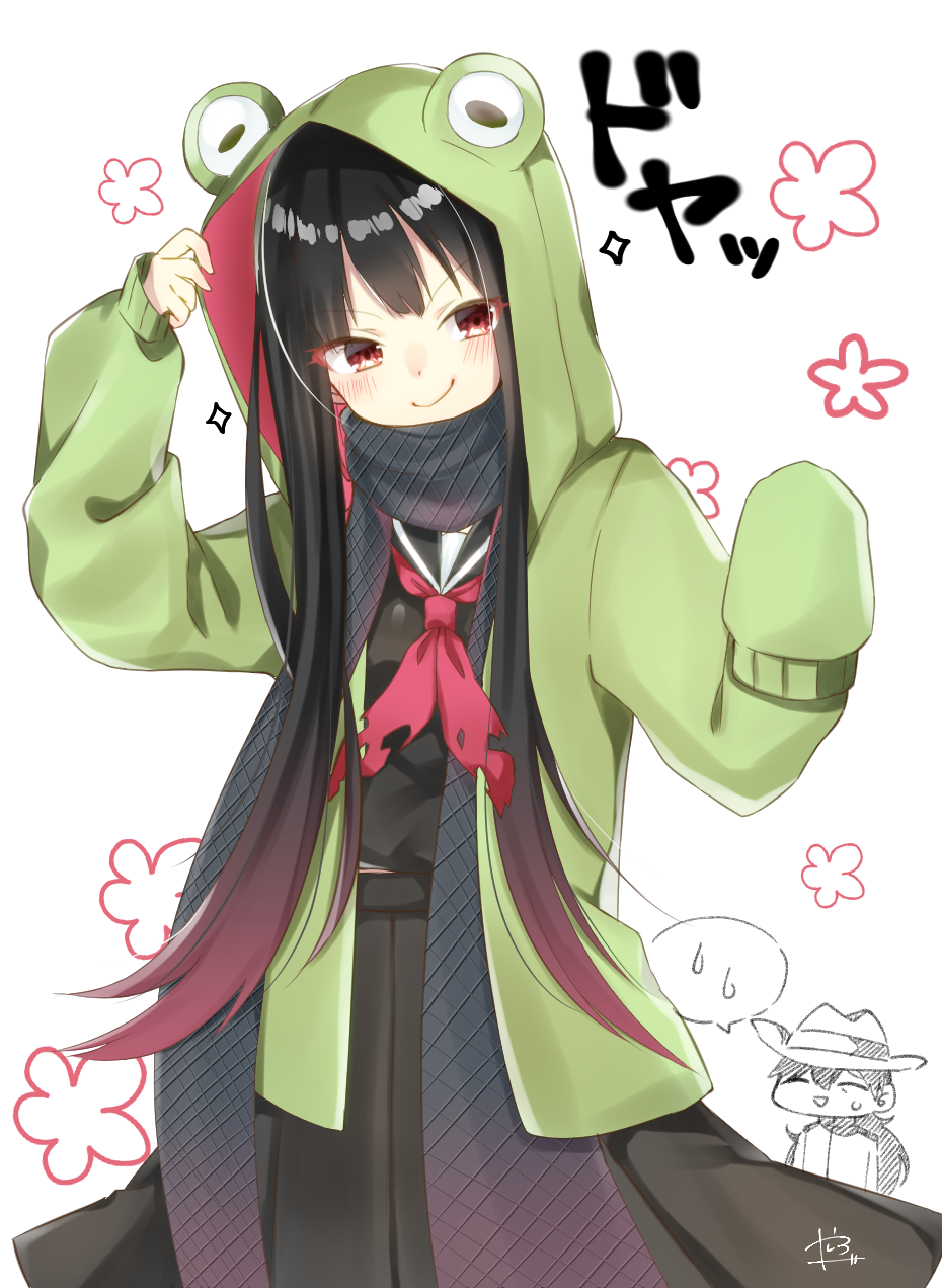 1boy 1girl :d abe_suke animal_hood arm_up black_hair black_sailor_collar black_scarf black_serafuku black_shirt black_skirt blush closed_eyes closed_mouth commentary_request fate/grand_order fate_(series) frog_hood gradient_hair green_jacket hat highres hood hood_up hooded_jacket horizontal_pupils jacket long_hair long_sleeves multicolored_hair neckerchief open_clothes open_jacket open_mouth oryou_(fate) pleated_skirt puffy_long_sleeves puffy_sleeves red_eyes red_hair red_neckerchief sailor_collar sakamoto_ryouma_(fate) scarf school_uniform serafuku shirt simple_background skirt sleeves_past_fingers sleeves_past_wrists smile smug solo_focus sparkle spoken_sweat torn_clothes torn_neckerchief very_long_hair white_background