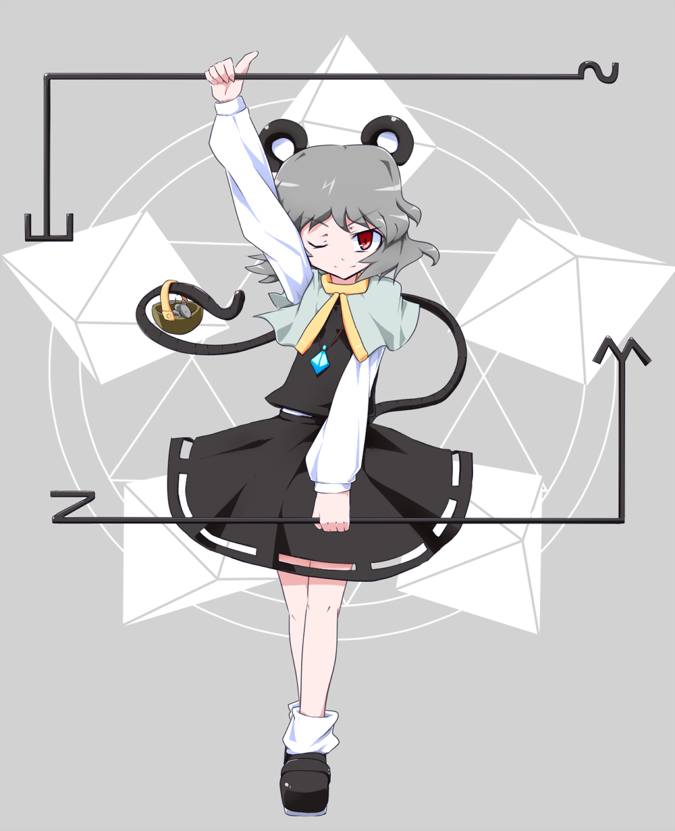 1girl aho animal animal_ears basket capelet dowsing_rod dual_wielding female_focus grey_hair highres holding jewelry long_sleeves mouse_(animal) mouse_ears nazrin one_eye_closed pendant puffy_sleeves red_eyes short_hair smile solo touhou wink