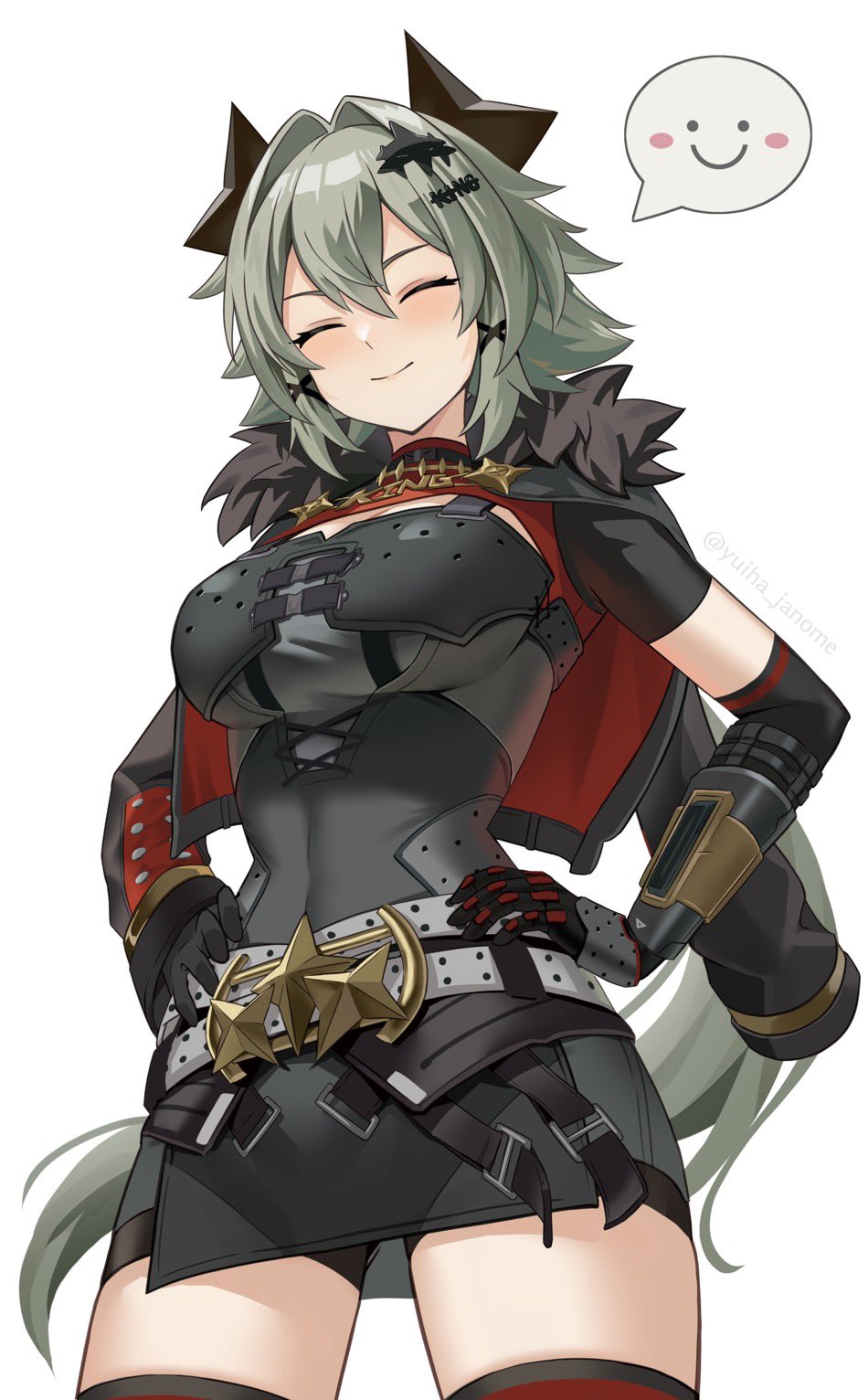 1girl black_gloves black_shirt black_skirt breasts caesar_king_(zenless_zone_zero) cleavage closed_mouth cowboy_shot elbow_gloves fur_trim gloves green_hair hair_intakes hands_on_own_hips highres janome_yuiwa large_breasts long_hair pencil_skirt shirt skirt smile solo spoken_smile thighs white_background zenless_zone_zero