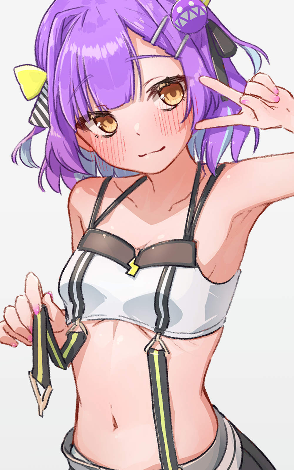 1girl armpits bare_shoulders black_skirt blue_hair blush breasts collarbone hair_bobbles hair_intakes hair_ornament hairclip highres hinomori_anzu indie_virtual_youtuber light_smile looking_at_viewer medium_hair multicolored_hair navel omattya_umyao orange_eyes pink_nails pleated_skirt purple_hair simple_background skirt small_breasts solo sports_bra stomach streaked_hair upper_body v virtual_youtuber white_background