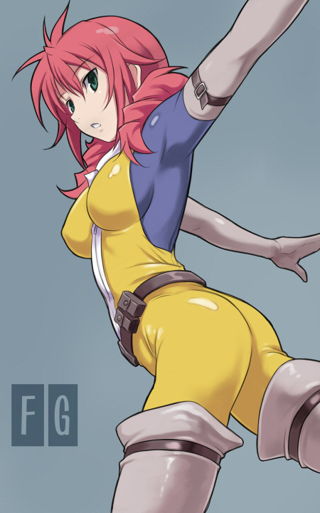 00s 1girl ass belt bodysuit breasts elbow_gloves feldt_grace female_focus gloves green_eyes gundam gundam_00 large_breasts maruto! pink_hair short_hair simple_background skin_tight solo thighhighs