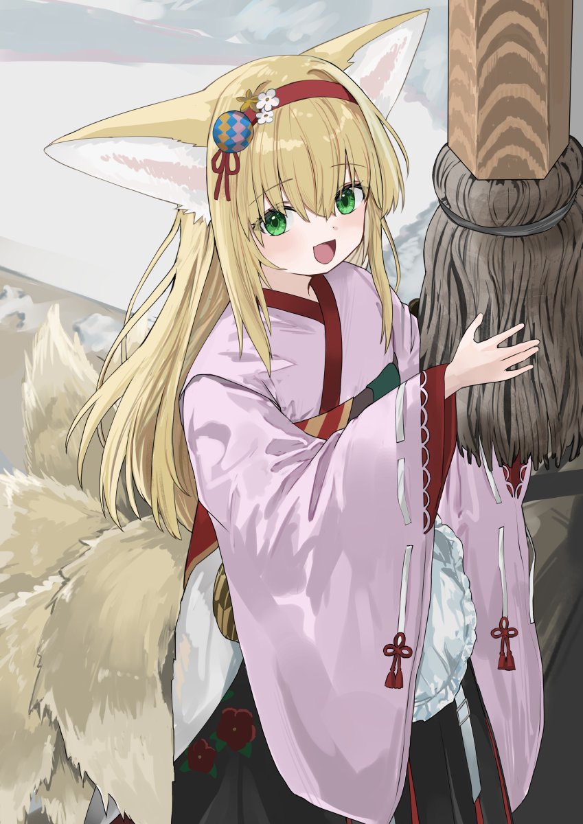 1girl :d animal_ears arknights blonde_hair commentary_request flower fox_ears fox_girl fox_tail green_eyes hair_flower hair_ornament hairband highres japanese_clothes kimono kitsune kyuubi long_hair long_sleeves multiple_tails official_alternate_costume open_mouth pink_kimono red_hairband shrine_bell smile solo suzuran_(arknights) suzuran_(yukibare)_(arknights) tail waichi