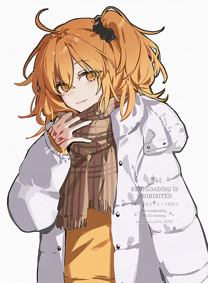 1girl ahoge alternate_costume command_spell fate/grand_order fate_(series) fujimaru_ritsuka_(female) fujimaru_ritsuka_(female)_(winter_casual) hair_ornament hair_scrunchie hanagata jacket looking_at_viewer medium_hair one_side_up open_clothes open_jacket orange_eyes orange_hair orange_shirt plaid_clothes plaid_scarf scarf scrunchie shirt side_ponytail smile solo white_jacket winter_clothes