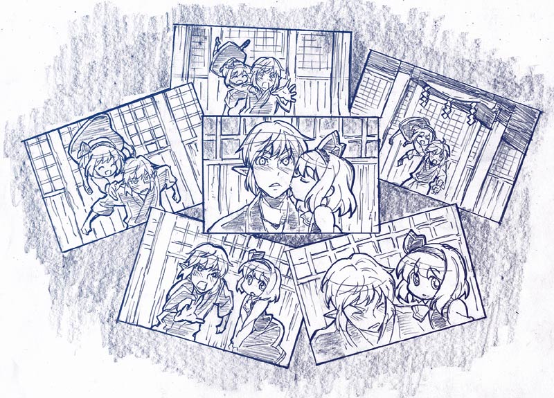 1boy 1girl ^_^ bad_link blue_theme blush buront closed_eyes crossover embodiment_of_scarlet_devil closed_eyes graphite_(medium) hetero kiss monochrome outstretched_arm outstretched_hand photo_(object) rumia sakino_shingetsu shide the_iron_of_yin_and_yang touhou traditional_media