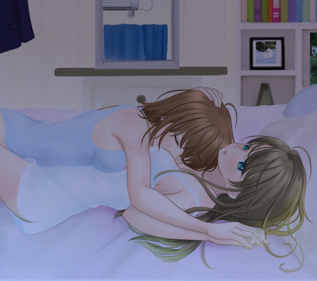 2girls arisugawa_arisu_(mainars) bedroom between_breasts blue_camisole blush breasts brown_hair camisole closed_eyes commentary_request cuddling face_between_breasts green_hair hand_on_another&#039;s_head head_between_breasts holding_hands indoors interlocked_fingers long_hair medium_breasts mole mole_on_arm mole_under_eye multiple_girls on_bed original parted_lips pillow white_camisole yuri