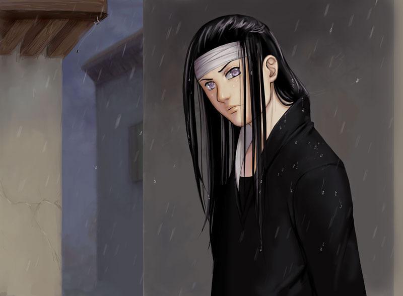 1boy black_hair headband hyuuga_neji long_hair male_focus naruto naruto_(series) outdoors paintpixel rain shirt solo standing white_eyes