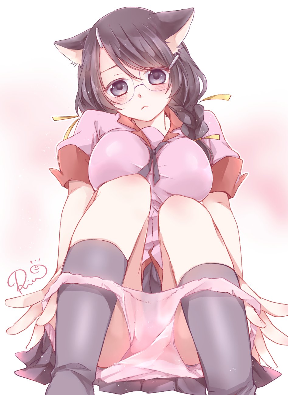 1girl animal_ears bakemonogatari black_hair black_skirt black_socks braid breasts cat_ears cat_girl commentary_request glasses hair_ornament hairclip hanekawa_tsubasa highres large_breasts long_hair looking_at_viewer monogatari_(series) naoetsu_high_school_uniform panties panty_pull pink_panties pink_shirt pleated_skirt purple_eyes school_uniform shima_riu shirt skirt socks solo underwear