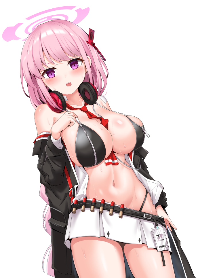 1girl bare_shoulders bikini black_bikini black_jacket blue_archive blush breast_zipper breasts cleavage cowboy_shot eimi_(blue_archive) halo headphones headphones_around_neck jacket large_breasts long_hair long_sleeves looking_at_viewer miniskirt navel off_shoulder open_clothes open_jacket open_mouth pink_eyes pink_hair pink_halo pleated_skirt purple_eyes rumiya9i simple_background skirt solo standing stomach swimsuit twintails white_background