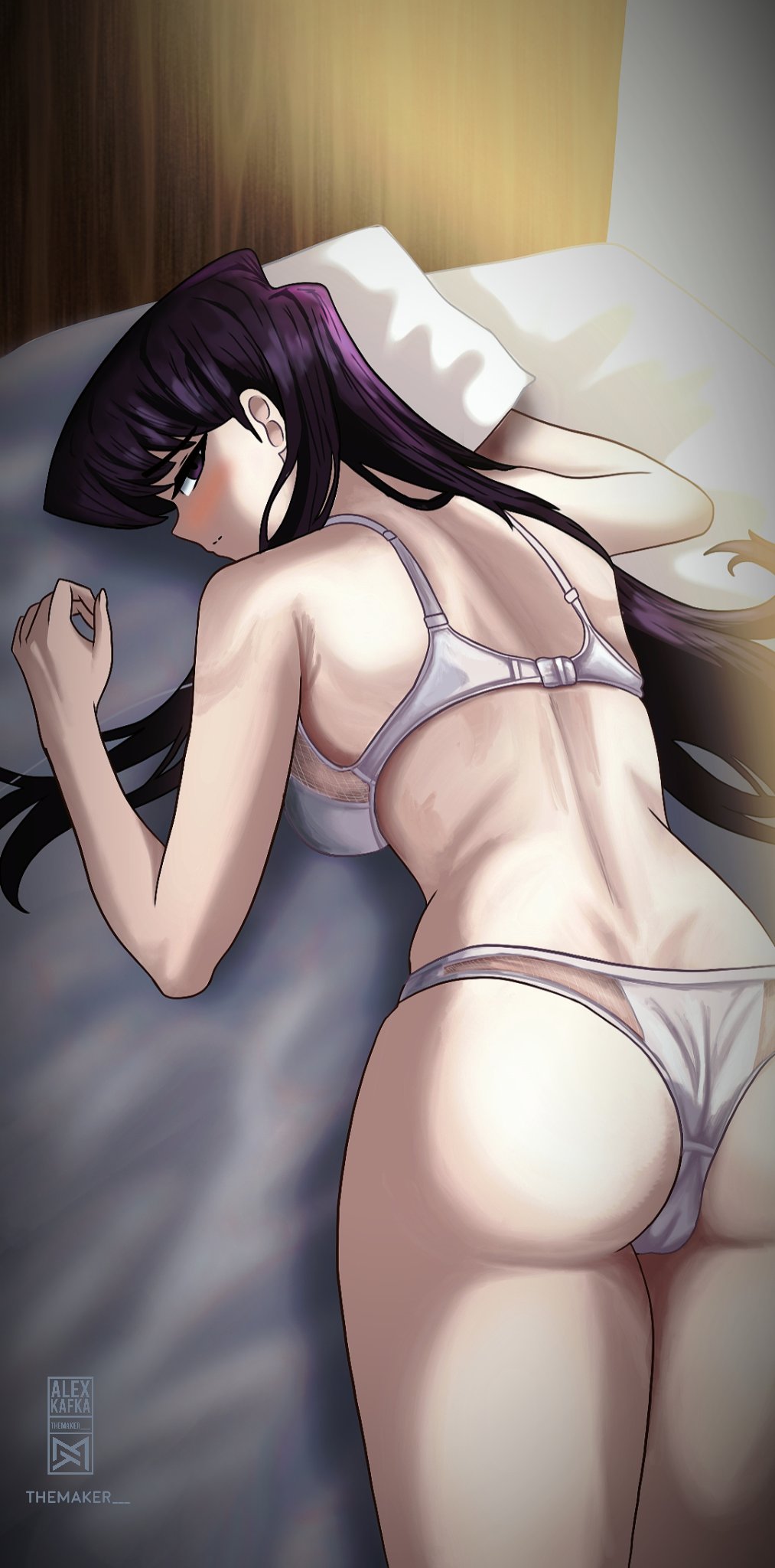 ass bed bed_invitation bra cameltoe drunk highres komi-san_wa_komyushou_desu komi_shouko looking_at_viewer on_bed panties self-upload themaker underwear