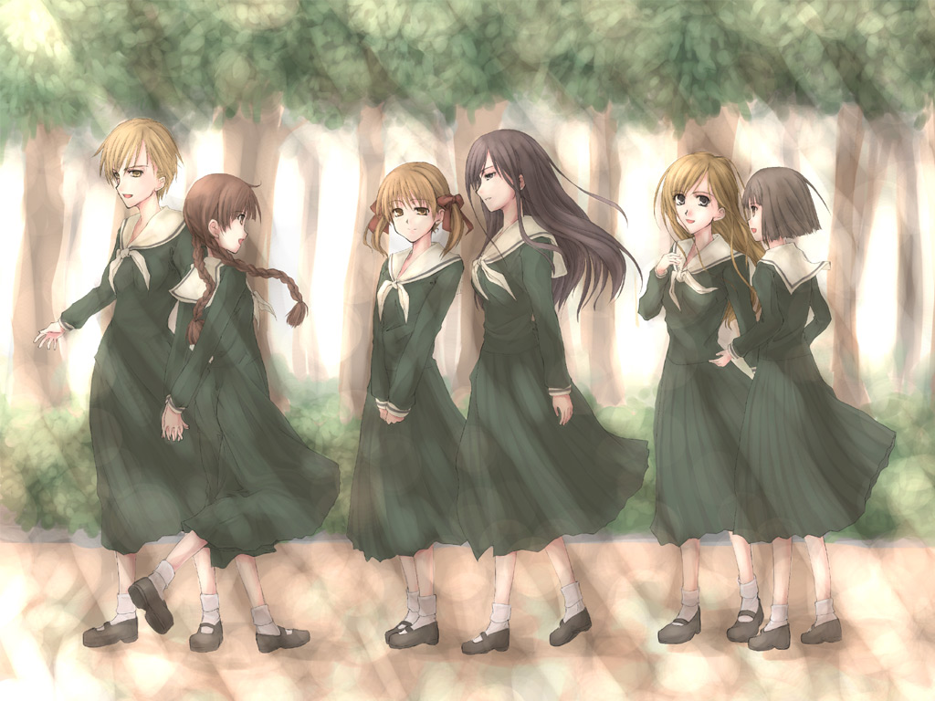 00s 6+girls black_hair blonde_hair braid brown_eyes brown_hair dress fukuzawa_yumi grey_eyes grey_hair hasekura_rei hashimoto_yoshikazu long_hair long_sleeves maria-sama_ga_miteru multiple_girls nijou_noriko ogasawara_sachiko pleated_skirt school_uniform serafuku shimazu_yoshino short_hair skirt smile toudou_shimako twin_braids twintails walking_backwards yellow_eyes