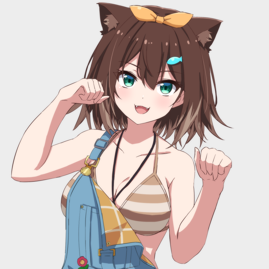 1girl animal_ear_fluff animal_ears between_breasts bikini blue_overalls breasts brown_bikini brown_hair cat_ears cat_girl fangs fish_hair_ornament fumino_tamaki green_eyes hair_between_eyes hair_ornament large_breasts looking_at_viewer multicolored_hair nijisanji open_mouth overalls paw_pose remiria100 short_hair sign sign_around_neck simple_background smile solo streaked_hair striped_bikini striped_clothes swimsuit virtual_youtuber white_background white_bikini