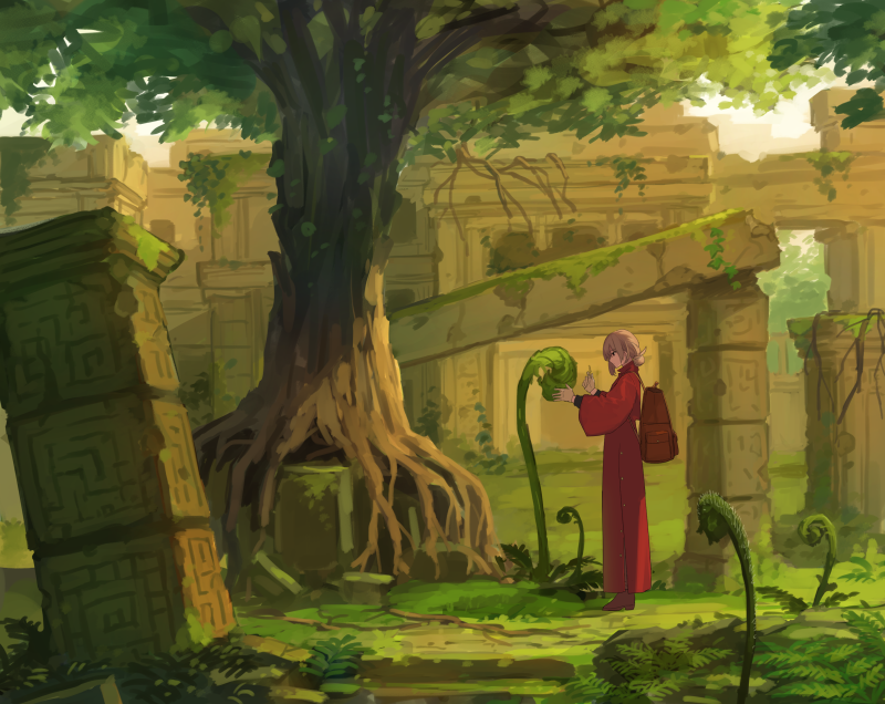 1girl backpack bag beige_gloves blonde_hair boots brown_bag brown_footwear chorefuji coat gloves grass hair_bun holding original outdoors red_coat ruins scenery single_hair_bun solo standing stone tree