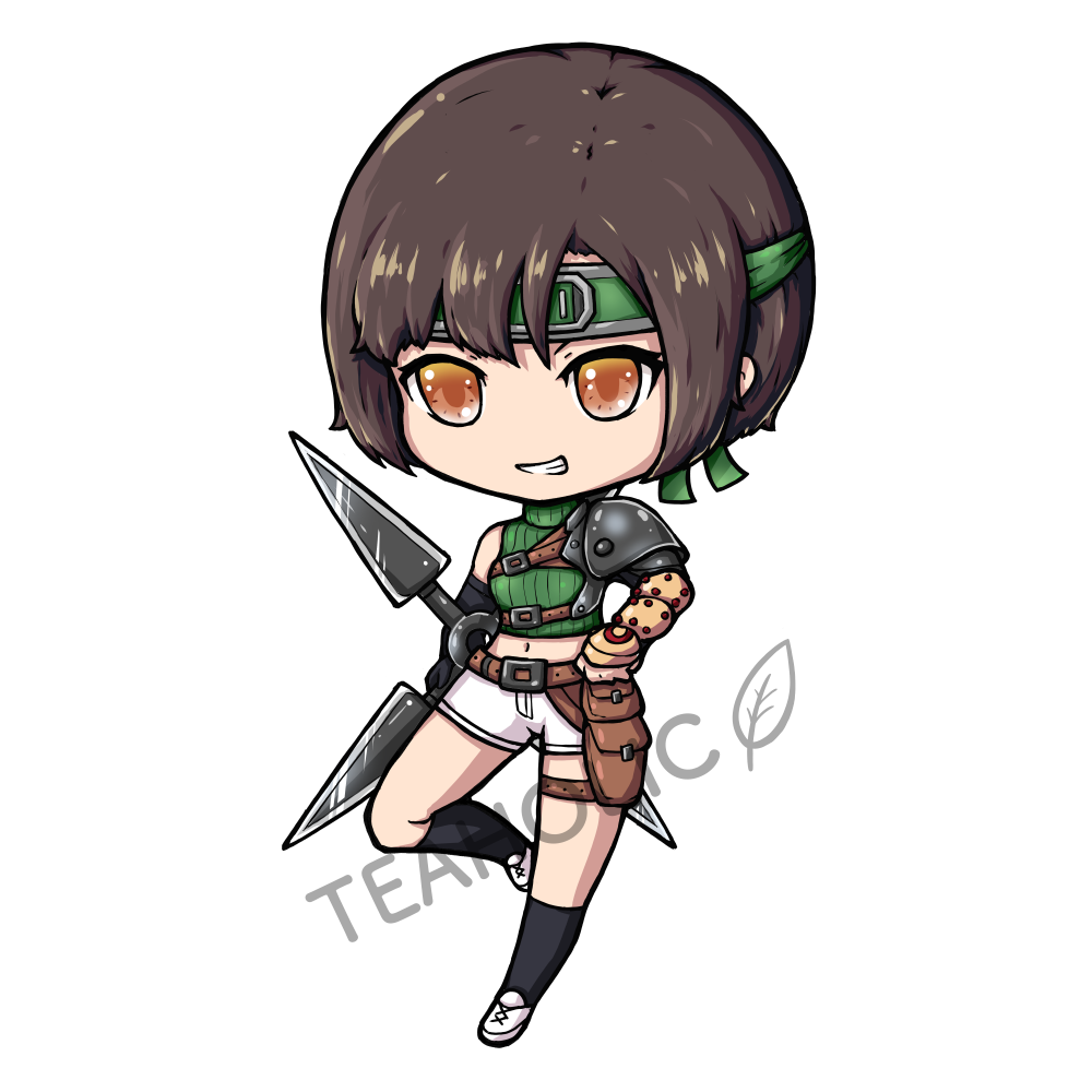 1girl armor bad_link belt brown_eyes brown_hair chibi final_fantasy final_fantasy_vii full_body headband holding holding_weapon short_hair shorts shuriken smile solo teaholic transparent_background watermark weapon white_shorts yuffie_kisaragi