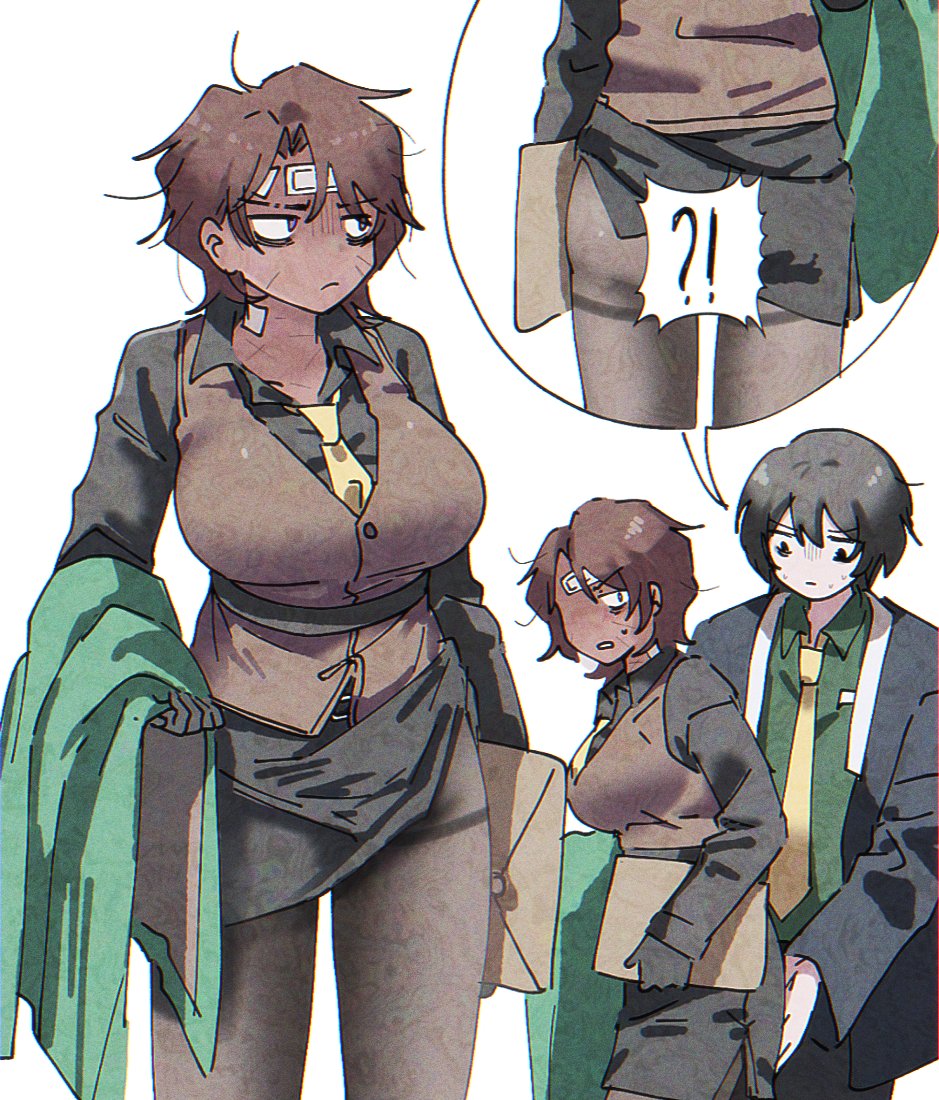 1boy 1girl adjusting_skirt adversarial_noise ass black_eyes black_hair black_shirt black_skirt breasts brown_pantyhose brown_vest closed_mouth collared_shirt cowboy_shot genderswap genderswap_(mtf) green_shirt heathcliff_(project_moon) large_breasts limbus_company long_sleeves necktie ngancurindunia pantyhose pencil_skirt project_moon seven_association_(identity)_(project_moon) shirt simple_background skirt vest wardrobe_malfunction white_background yellow_necktie yi_sang_(project_moon)