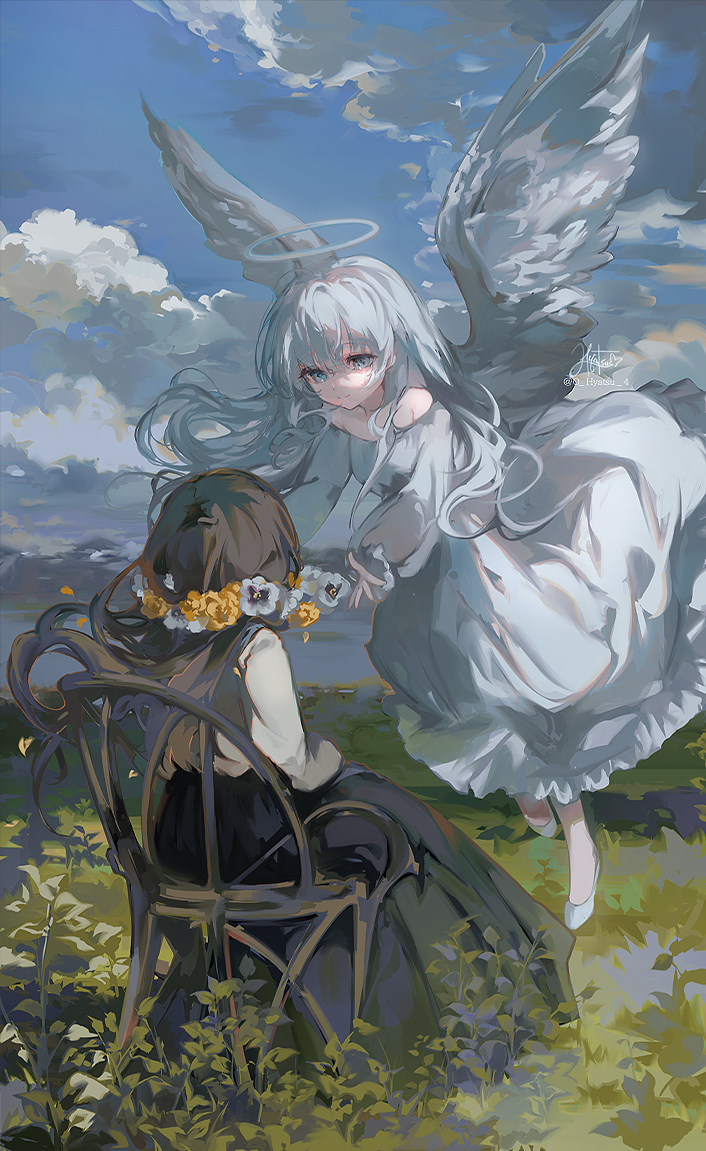 2girls angel angel_wings bare_shoulders blue_eyes brown_hair chair closed_mouth cloud commentary dress english_commentary feathered_wings flower_wreath grass halo hyatsu leaf long_hair multiple_girls original outdoors sitting sky smile water white_dress white_hair wings